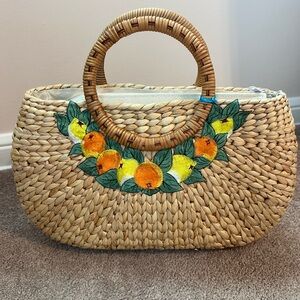 NWT Straw Woven Bag with Lemon Embroidery